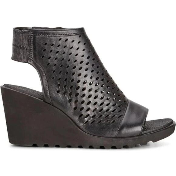 NWOB Ecco Freja Wedge Black Leather Sandal New 10 - Picture 1 of 11
